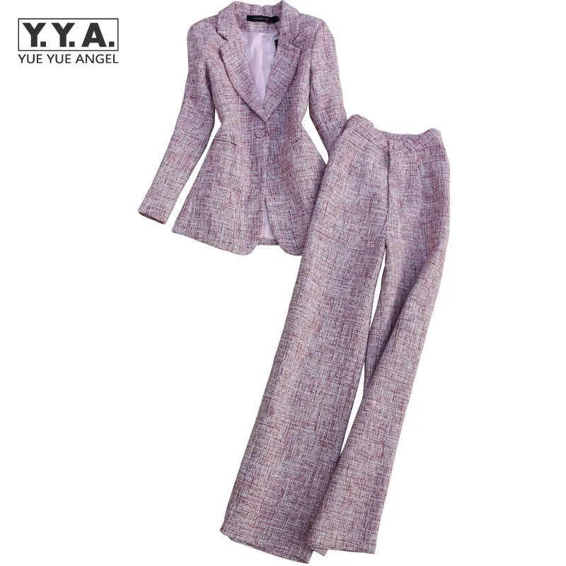 

OL Ladies Winter Tweed Stripe Suit Two Piece Set Slim Single Button Blazer High Waist Wide Leg Pants Women Matching Set Outfit