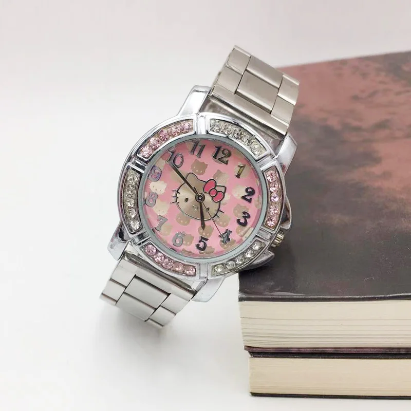 Забавный розовый кот часы дамы классический дизайн женские кварцевые сверкающий