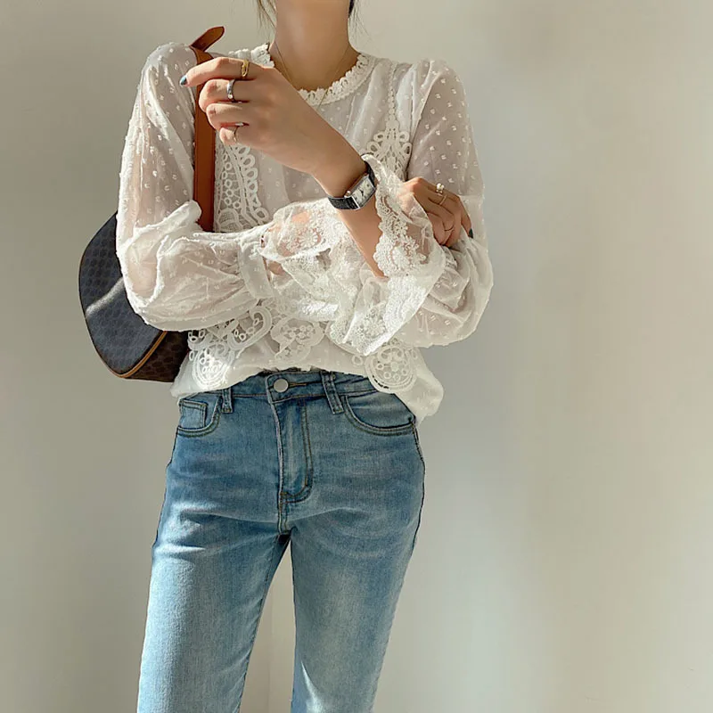 

Blusas Mujer De Moda 2021 Korean Chic Vintage Shirts Lace Crochet Floral Fake Two Piece Blouses Korean Chic Tops