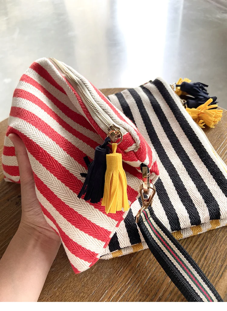 

Cosmetic Bag Women Striped Makeup Case Organizer Korean Tassel Cosmetic Pouch Necesserie Travel Toiletry Bag Canvas Beauty Case