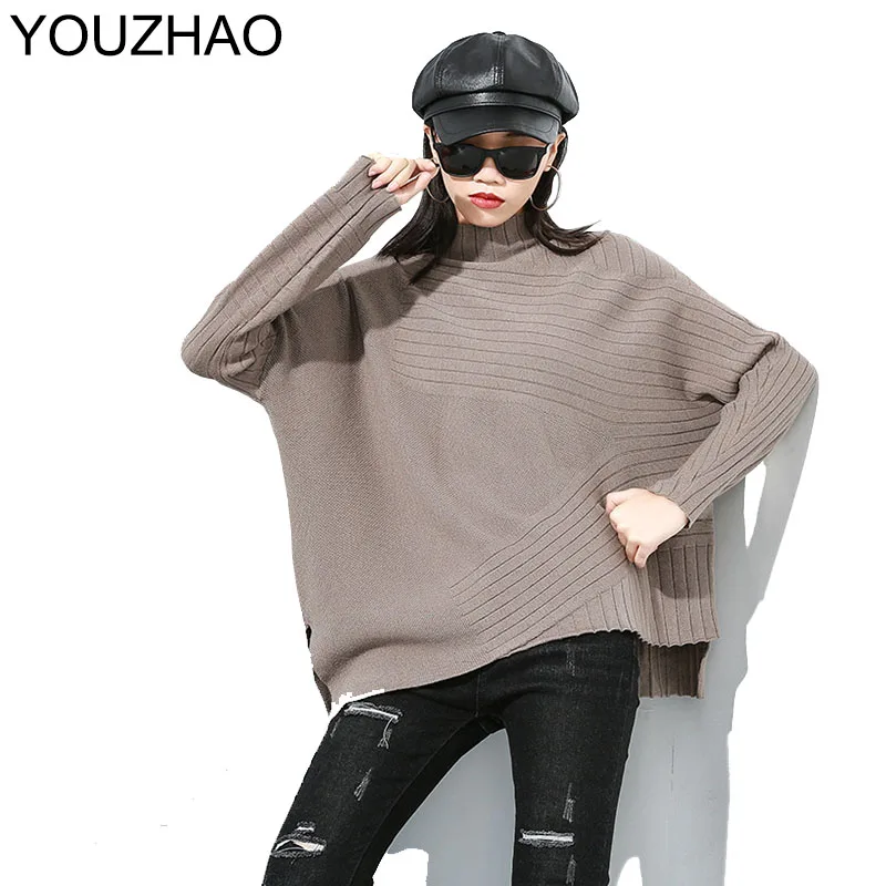 

Vintage Winter Knitted Sweater Women Plus Size Loose Elasticity Pullover Female 2020 New Bat Sleeve Solid Irregular Sweater Tops