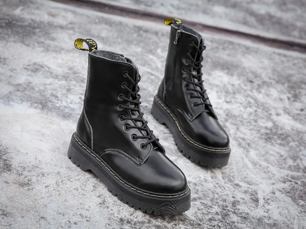 CEVABULE Women Martin Boots Genunie Leather Thick Heel Platfrom Martin Boots Boots Women Side Zipper Boots Leather Boots