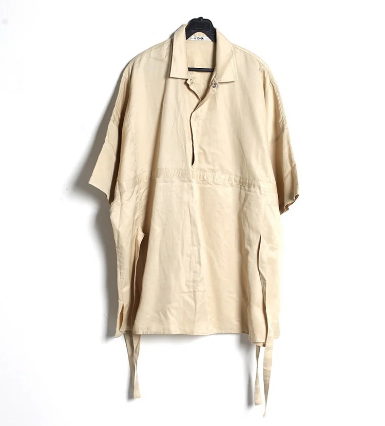 

Men's new solid color lace up loose trend short sleeve top Lapel shirt Pullover Ribbon Shirt Youth trend