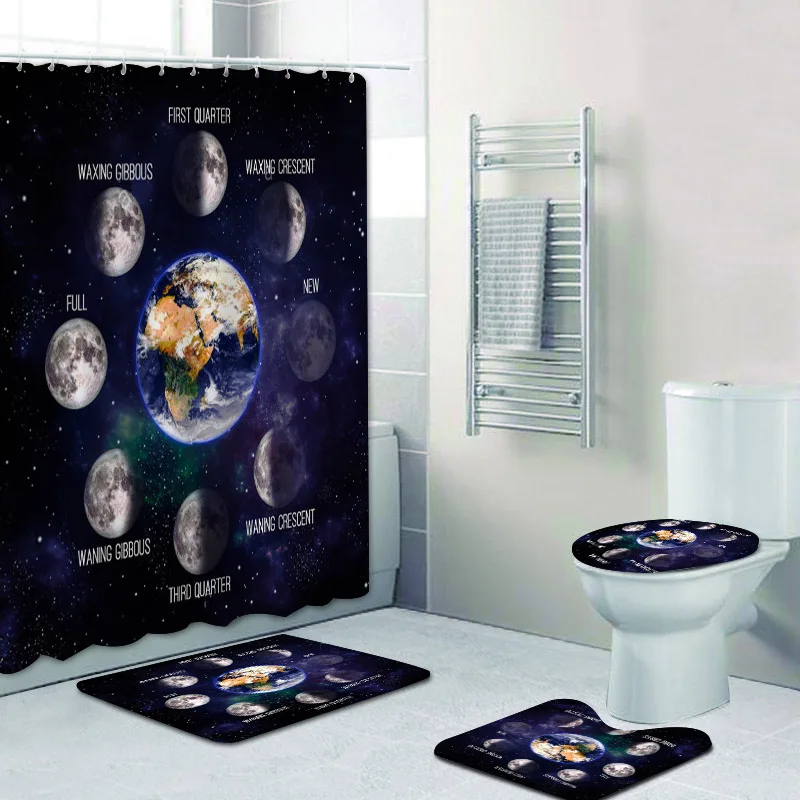 

Cool 3D Moon Phases Bathroom Shower Curtain Set Space Lunar Phase Poster Bath Mat Rug Carpet for Toilet Kid Room Home Decor Gift