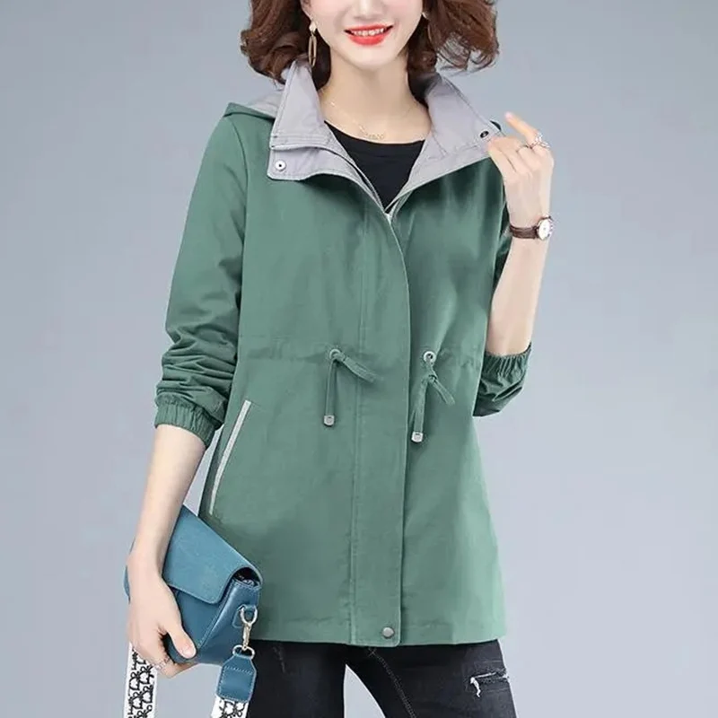 

Fashion Hooded Windbreaker Spring Autumn Big Size Middle-aged Women's Coat Straight Elastic band Casual Tops Mother Clothing