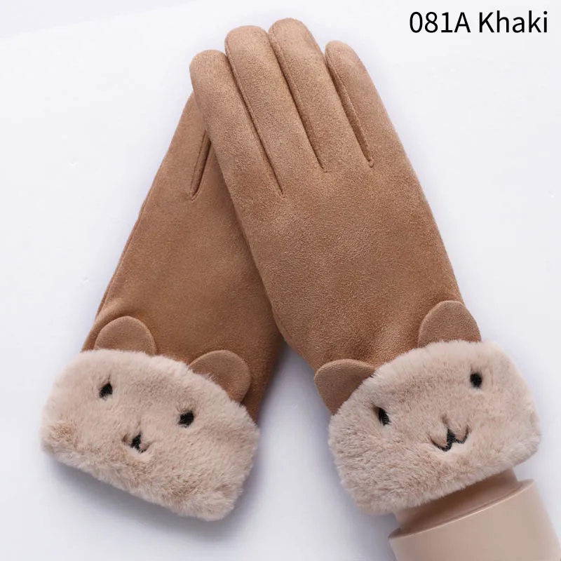 Модные зимние женские перчатки с милым котиком и снежинками, двухслойные кашемировые теплые спортивные женские перчатки для занятий спортом на открытом воздухе - Цвет: 081A Khaki