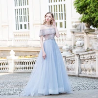 gorgeous light blue evening dresses long illusion tulle handmade rhinestones beaded formal women gowns aline vestidos