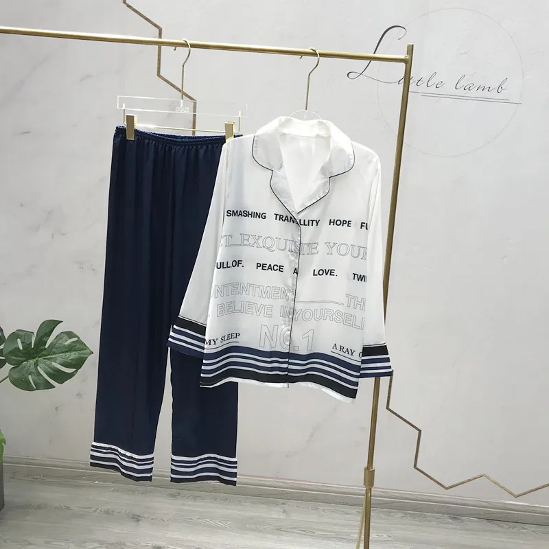 

New Summer Women's Homedress Pajamas Long Sleeve Trousers Nightgown Lapel Sleepwear Thin Ice Silk Cardigan Casual Home Clothing