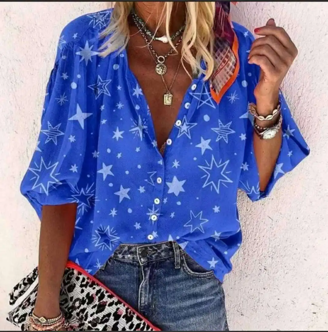 

Women Shirt Lantern Sleeve Star-shaped Printed Single-breasted Lapel Collar Five-point Sleeve Loose Temperament Commuter Shirt