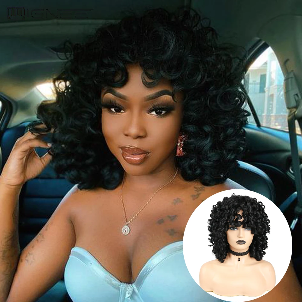 

Wignee Afro Kinky Curly Wig With Bangs Synthetic Hair 613 Orange Burgundy Black Wig For Women Cosplay Glueless High Temperature