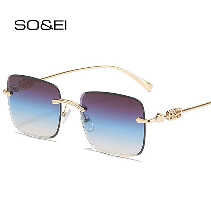

SO&EI Fashion Rimless Square Women Sunglasses Retro Clear Ocean Gradient Lens Eyewear Men Shades UV400 Rectangle Sun Glasses