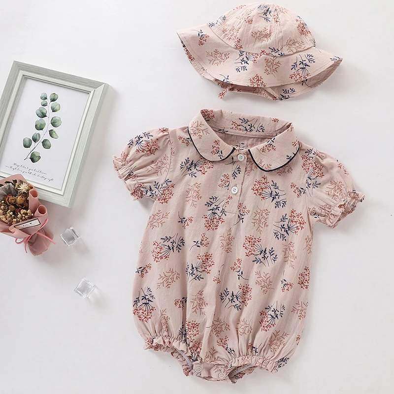 

2021 Newborn Kid Baby Girls Clothes Summer Cute Cherry Floral Print Doll Collar Romper+hat Sunsuit Jumpsuits Outfit Beige Pink