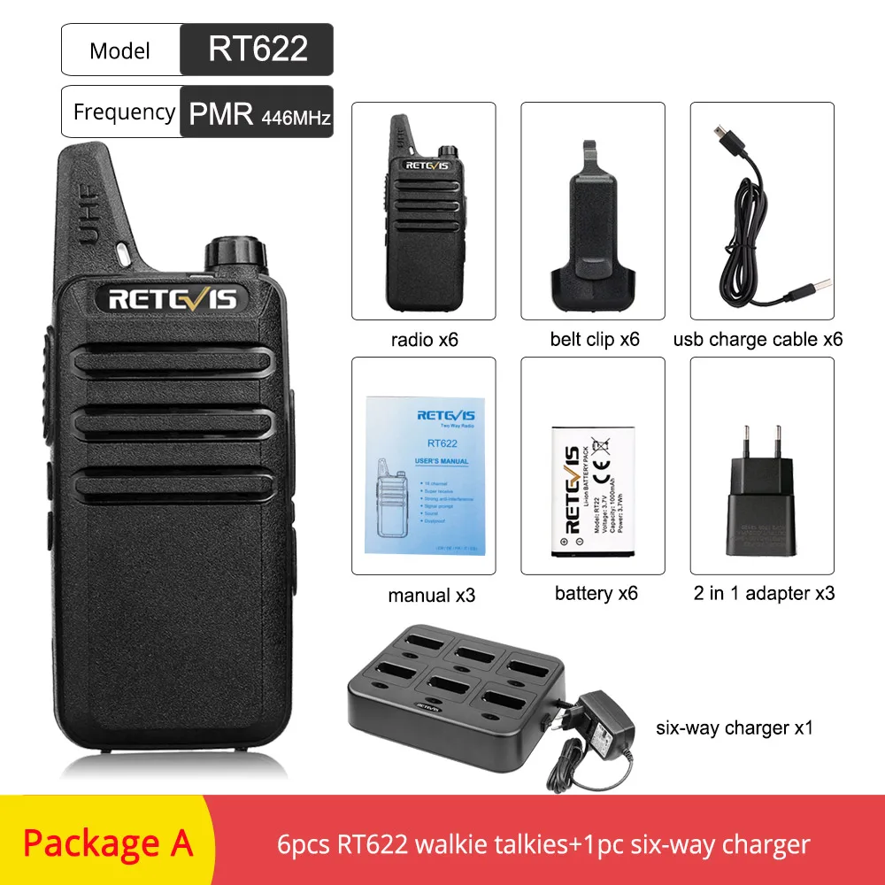 PMR RT622-Package A 6 шт. Retevis RT22 мини рация 2 Вт УВЧ соотношение станция шумоподавление двухстороннее радио портативный с шестиполосным зарядным устройством CTCSS/DCS VOX - Цвет: PMR RT622-Package A