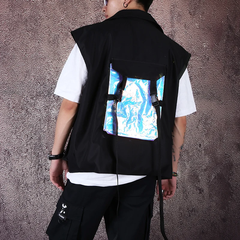 

Male Streetwear Hip Hop Coat Waistcoat Outerwear Men Multi-pocket Ribbon Sleeveless Loose Casual Cargo Vest Jacket