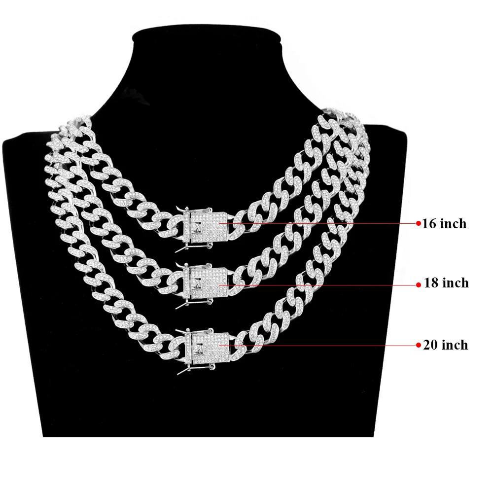 

13mm Iced Out Cuban Necklace Chain Hip Hop Jewelry Choker Gold Silver Color Rhinestone CZ Clasp For Mens Rapper Necklaces Link