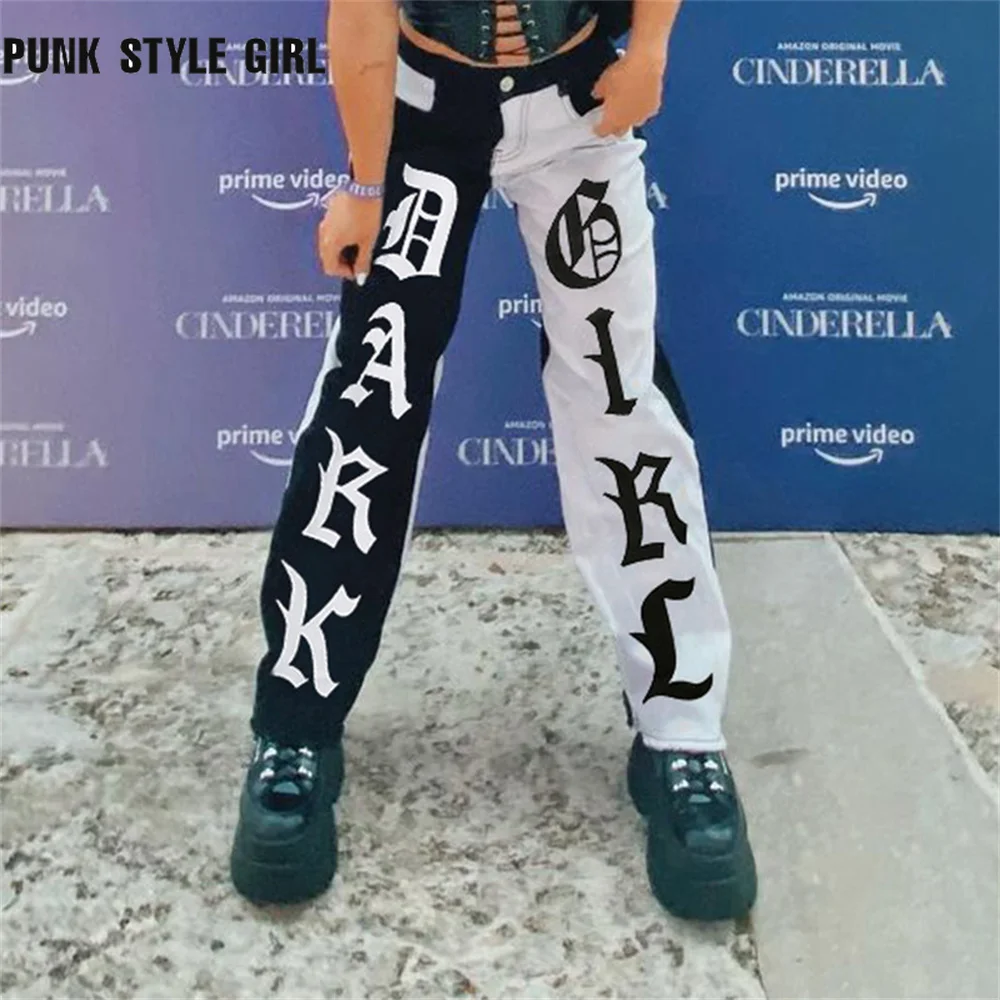 

Punk Gothic Alt Letter Print Jeans Women Black White Patchwork Cargo Pants Harajuku Grunge Trousers 90S Goth Jogger Streetwear