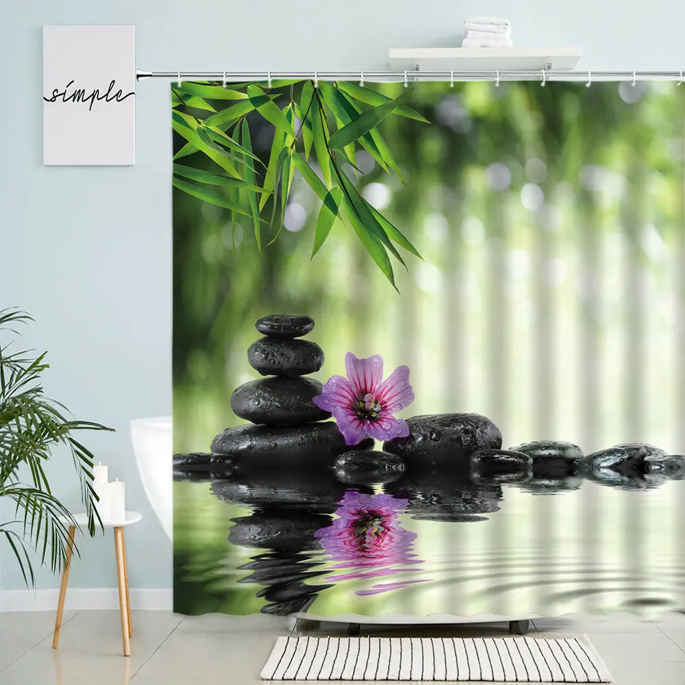 

Zen Scenery Shower Curtain Spa Bathroom Green Plants Bamboo Stone Orchid Flower Natural Spring Water With Hook Waterproof Screen