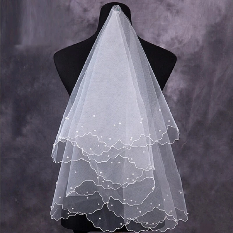 

Simple and Elegent Wedding Bridal Veil Tulle White Ivory One Layers Beaded Bride Accessories Short Women Veils