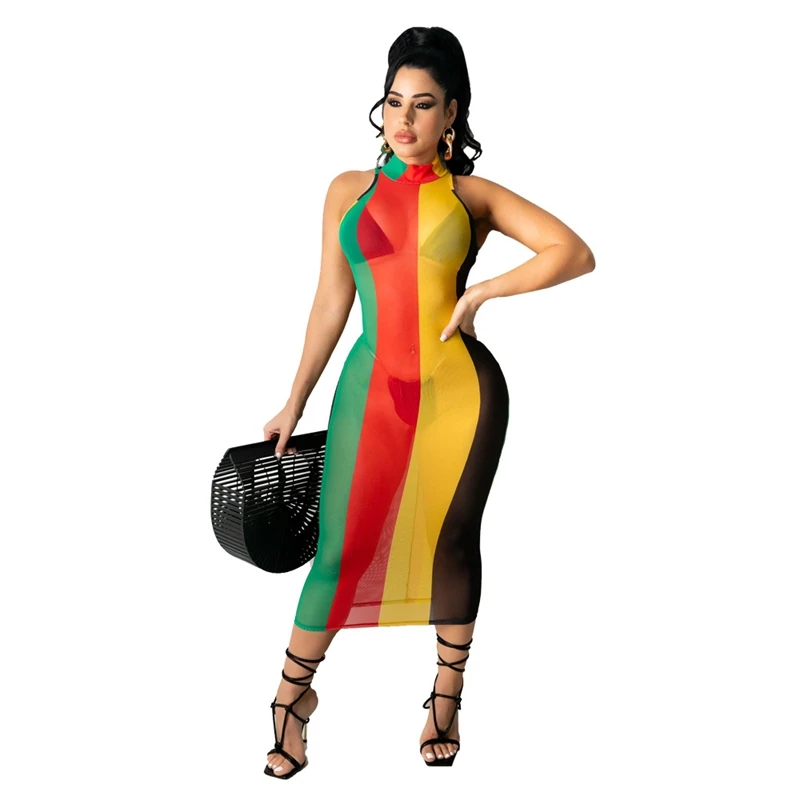 

Women Rainbow Print Sheer Mesh Midi Dress Summer Sleeveless Slim Bandage Long Dresses for Women Clubwear See-through Party Dress
