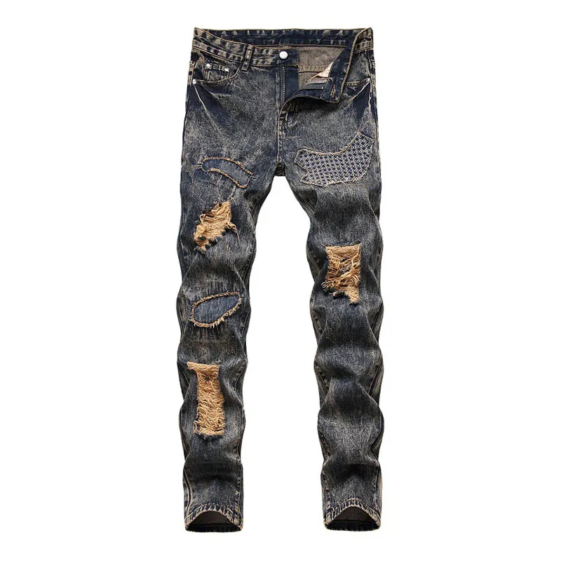 

2021 Vintage Men Ripped Pleated Jeans Pants Patches Holes Destroyed Denim Trousers For Male Washed