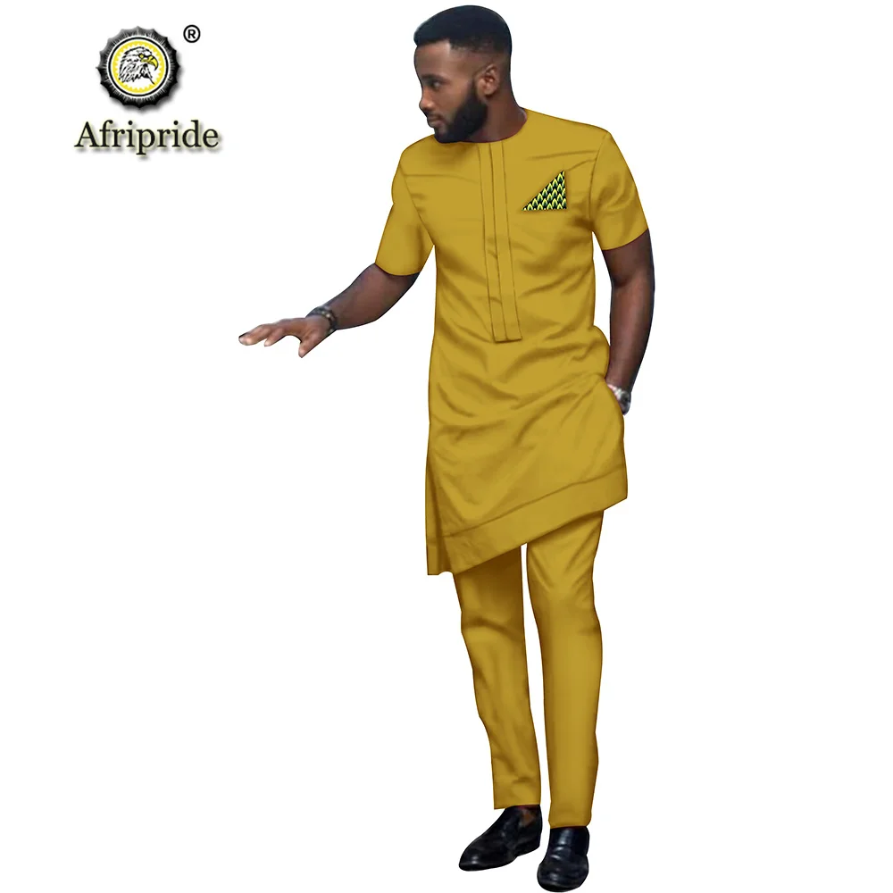 2019 African Men Clothing Tribal Outfit Printed Long Shirt Pant 2 Piece Set Dashiki Short Sleeve Tracksuit AFRIPRIDE S1916016