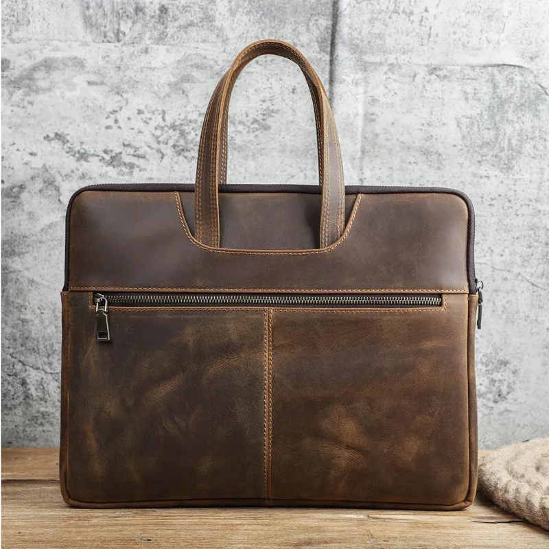 15'' Laptop Bag Men's Briefcase Office for Document Shoulder Bag Retro Crossbody Handbag High Quality Real Leather Man Messenger