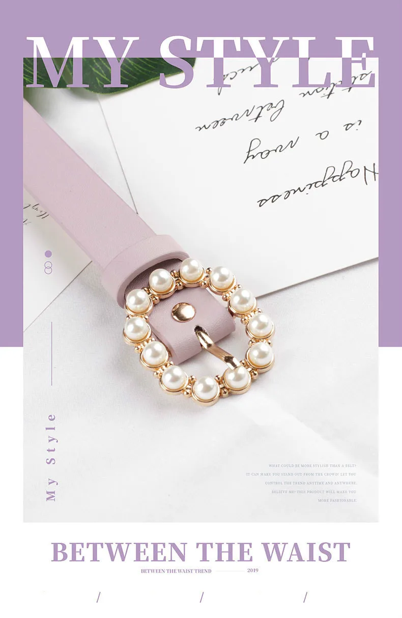 Fashion Pearl Decorative Belt Ladies Belt Round Pin Buckle Pearl Belts Women's Casual Solid PU Leather Thin Belt