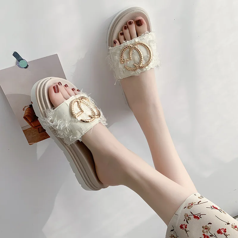 

Sandals for Women's Wear In 2021 Summer Thick Bottomed and Versatile Fashion Cloth Face Girl Muffin Fairy Heightening Slippers