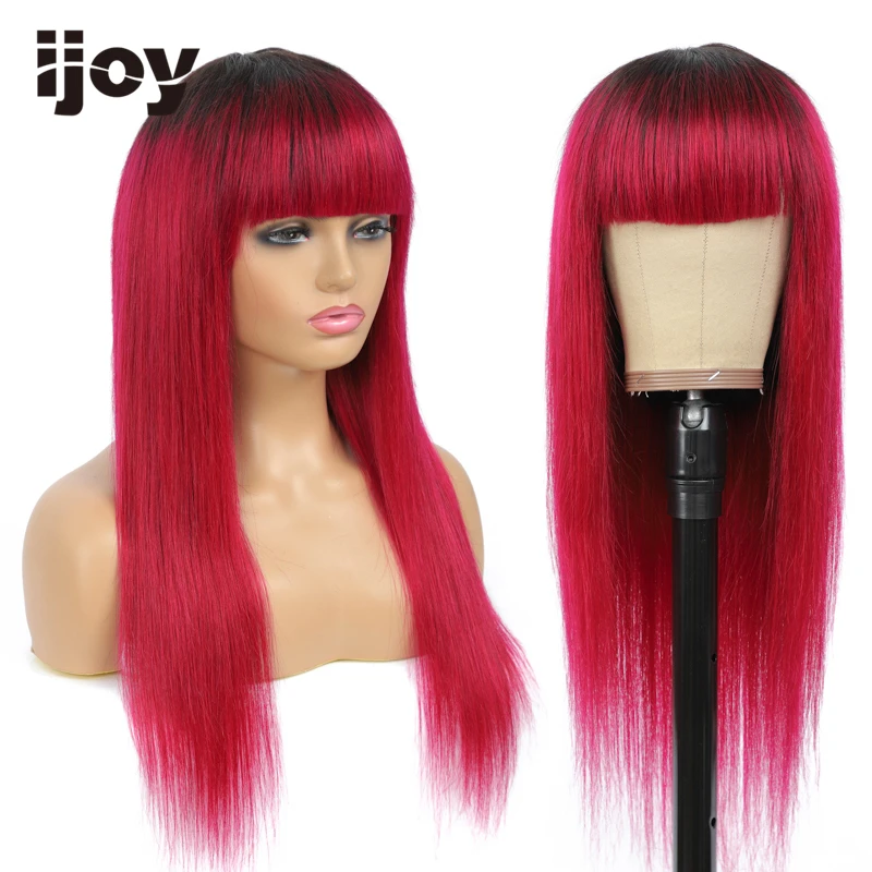 Парик из человеческих волос с челкой прямые волосы окрашенные Омбре бордовые