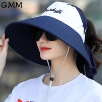 summer women large birm sun hats adjustable bow visor beach cap empty roof ponytail cap foldable anti uv female fisherman hat