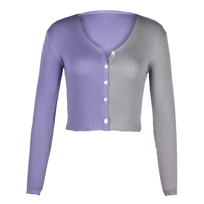 

New Sexy 2020 Sweater Short Casual Sweater Single-Breasted Lady Long Sleeve Knitted Cardigan Purple and Gray Stitching Cardigans