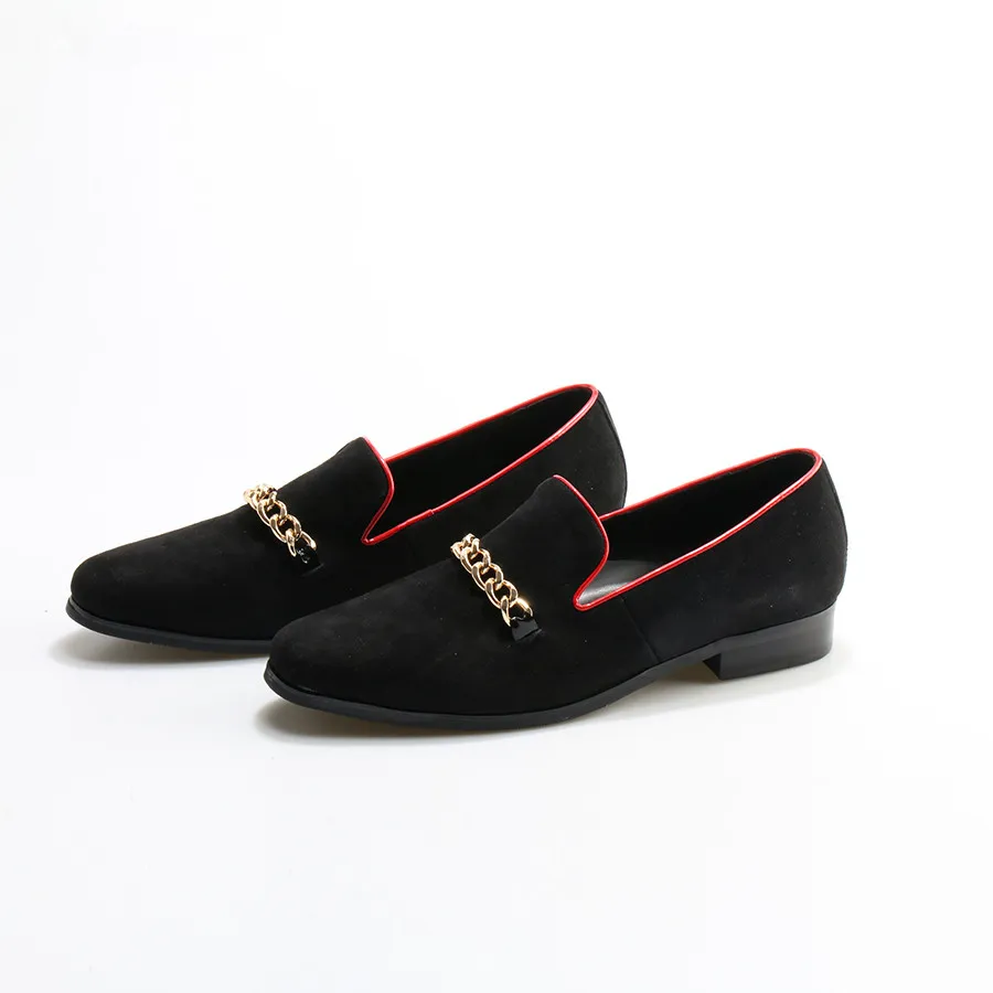 저렴한 OKHOTCN 블랙 스웨이드 가죽 남성 로퍼 골드 체인 웨딩 파티 남성 캐주얼 신발 Somking 슬리퍼 빅 사이즈 남성 플랫