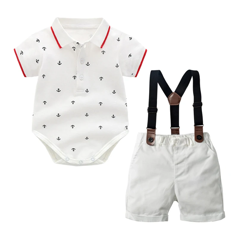 Детский летний костюм для фотосъемки красивый комбинезон с принтом якоря и белые