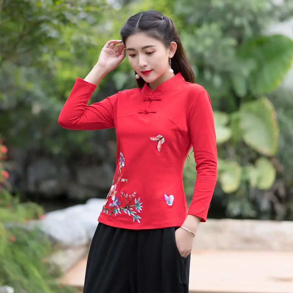 Красный KYQIAO онлайн Китайский магазин blusa feminina традиционная китайская рубашка l XL 2XL 3XL 4XL 5XL 6XL воротник стойка Вышивка Блузка - Цвет: Красный