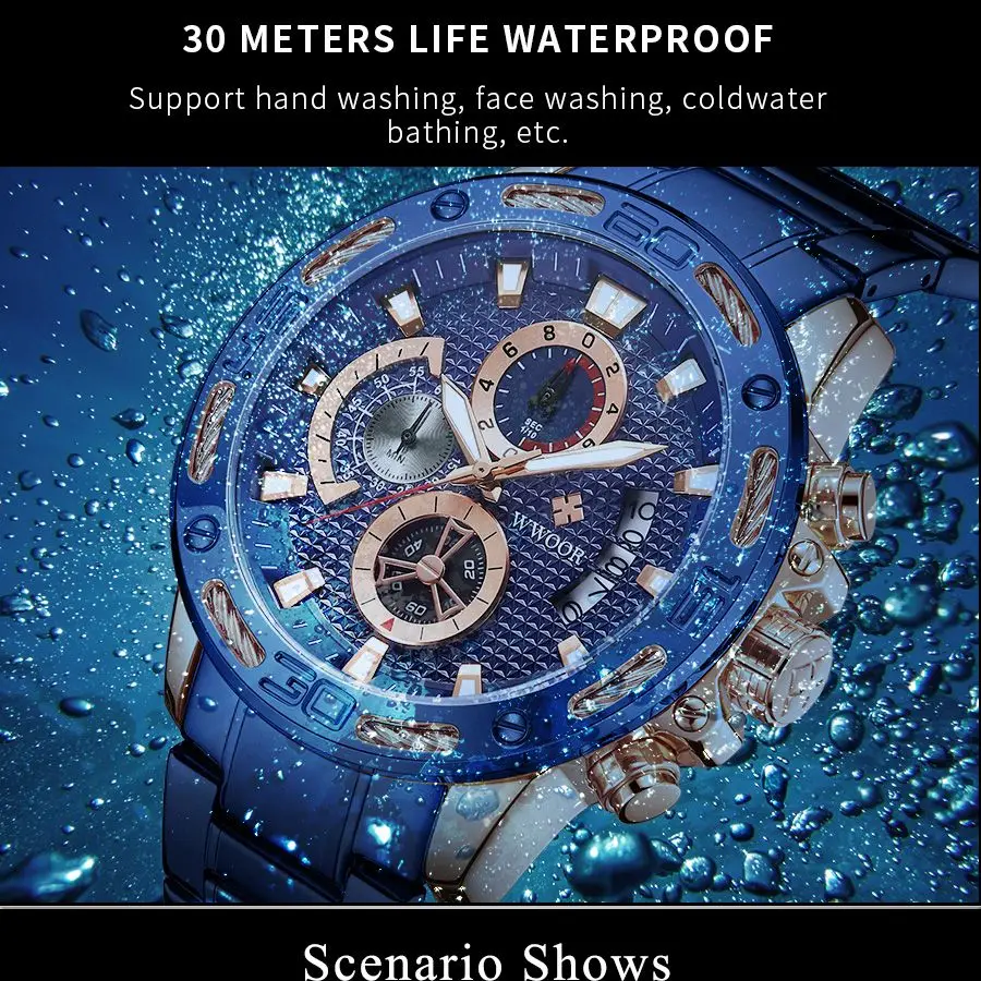 Мужские Роскошные часы WWOOR 2021 Новые Водонепроницаемые Синие часы-хронограф