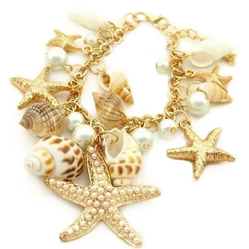 

2020 Hot Selling Ocean Style Bracelet Multi Starfish Sea Star Conch Shell Pearl Chain Beach Bangle Novelty Holiday Accessories