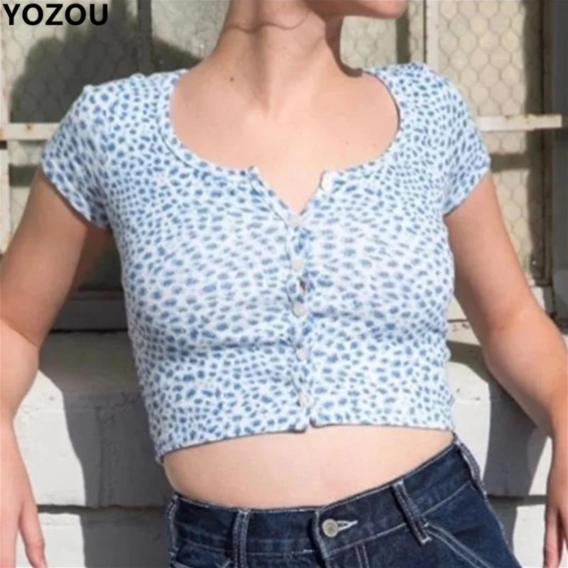 

Women summer button up single breasted blue leopard printting short sleeve crop top cropped tee tshirt for female
