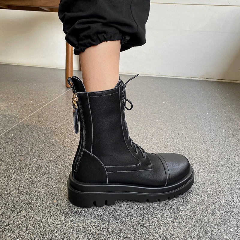 

2021 Winter Newest Genuine Leather Casual Basic Women boots Back Zipper Ankle Boots Round Toe Thick high heels Shoes Woman