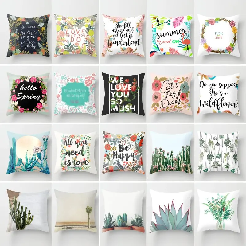 

Summer Plants Flower Letter Print Customized Cushion Cover Cactus Aloes Garland Throw Decorative Pillowcase 45x45 Home Decor