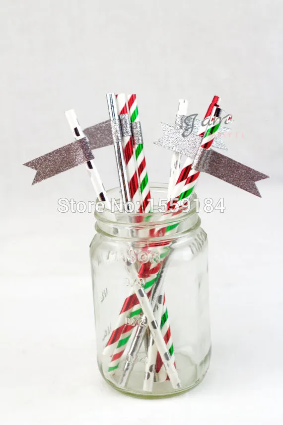 

Free Shipping 500pcs Iridescent Red White Green and Foil Silver Christmas Straws Stipe Paper Decorative Holiday Drinking Straw