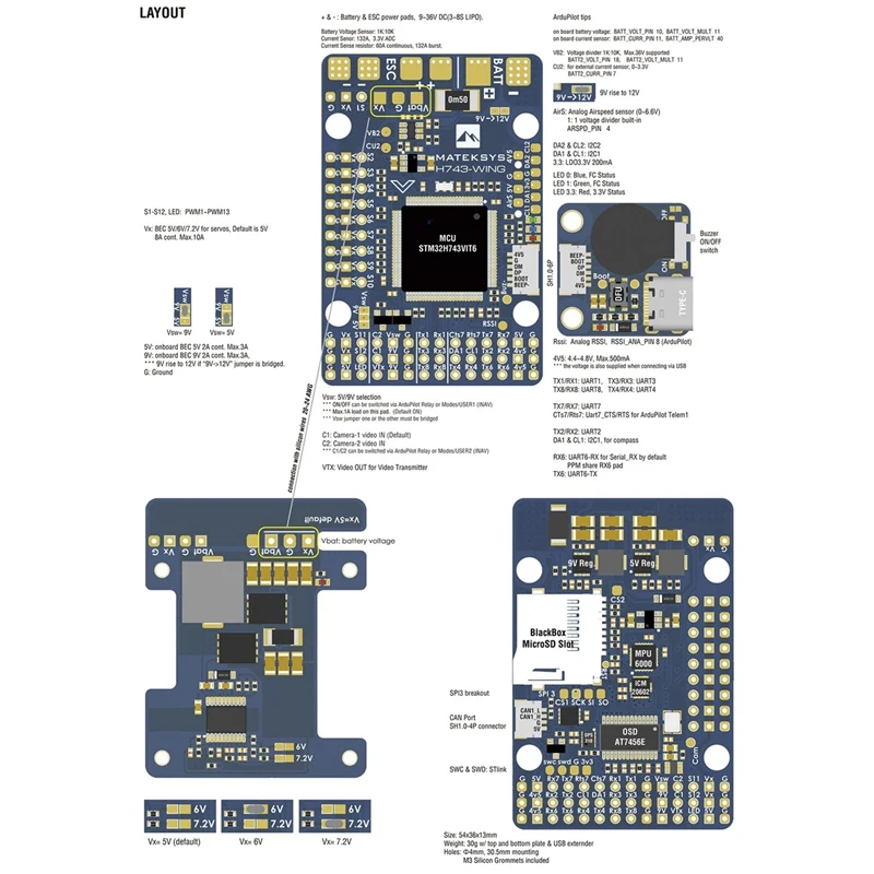 

Matek H743-WING STM32H743VIT6 MPU6000 OSD, , 3 8 S RC