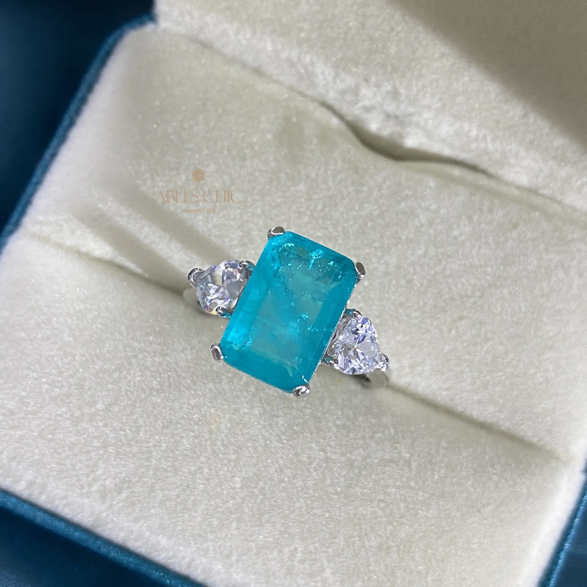 

925 Sterling Silver Emerald Cut Lab Aquamarine Engagement Ring Large Paraiba Tourmaline 5A Zircon Heart Wedding Ring S2R1S2R0878
