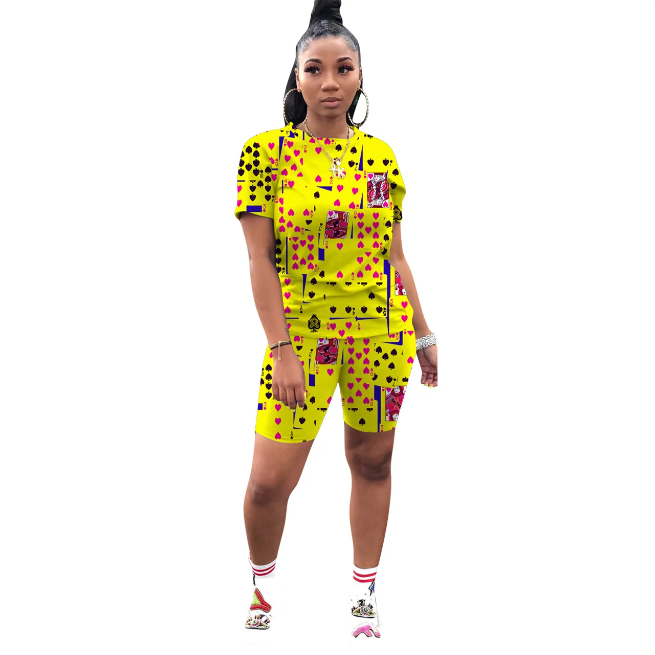 

RStylish 2021 Fashion Poker Print Casual Women Short Sleeve O Neck T Shirt Tops Biker Shorts Two Piece Set Summer
