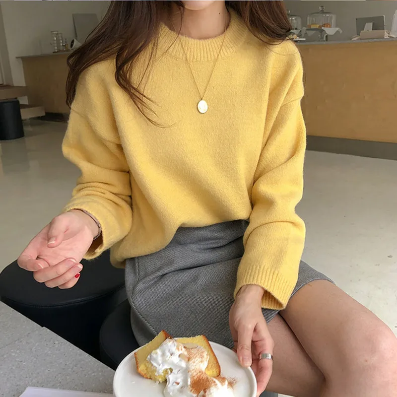 

ABRINI Women O-neck Knitted Pullovers Sweaters Long Sleeve Solid Loose Soft Cashmere Sweater Casual Jumpers 2021 Autumn Winter