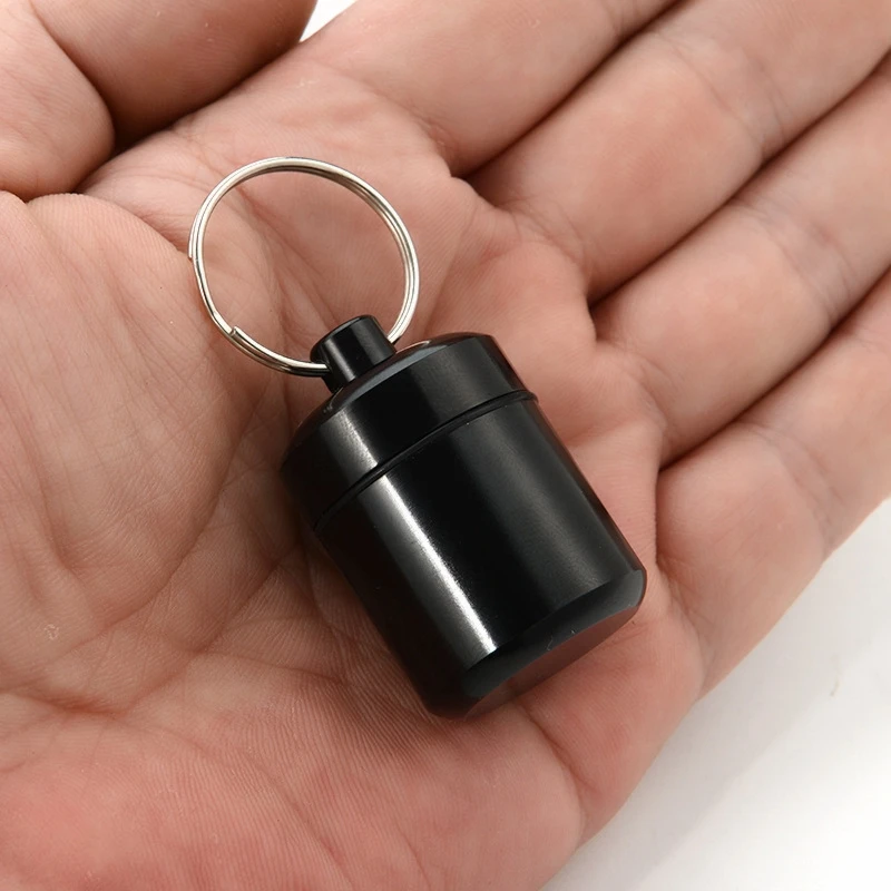 

1PC Black Creative Stainless Steel Medicine Bottle Keychain Case Container Waterproof Holder Aluminum Drug Pill Box Keyring