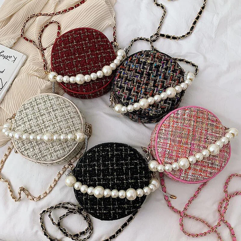 Шерстяные жемчужные круглые сумки через плечо для женщин 2019 Осенние новые сумка