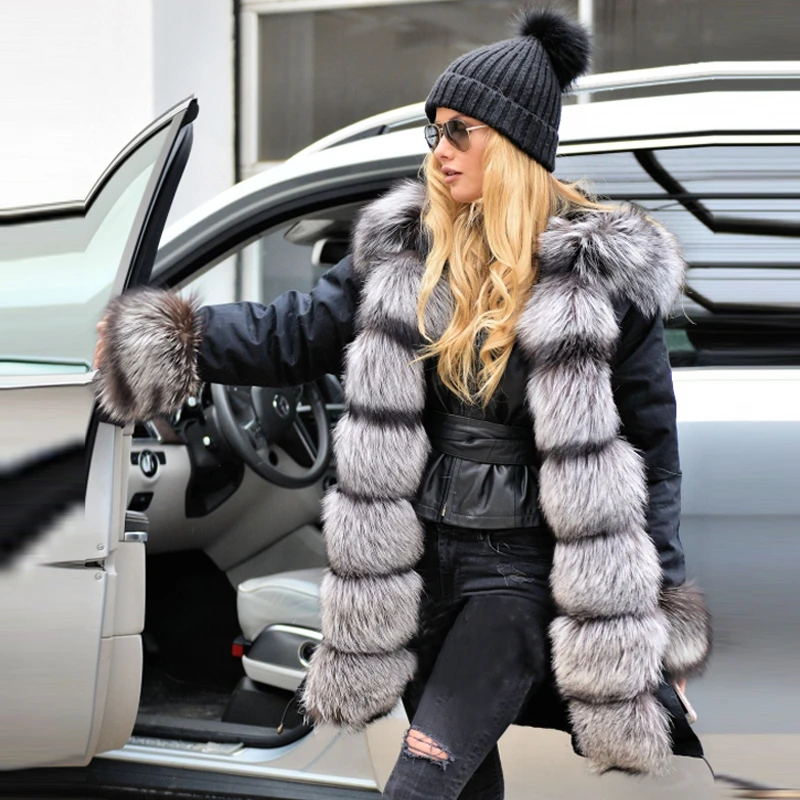 2022 Winter Fashion Silver Fox Fur Parka For Women With Big Hood Thick Warm Genuine Fox Fur Jacket With Rex Rabbit Fur Linning