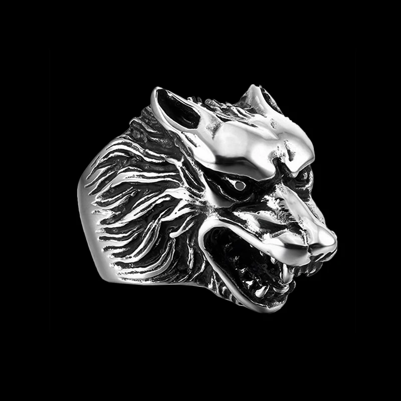 Кольца в стиле панк мужская с головой волка серебряного цвета из нержавеющей