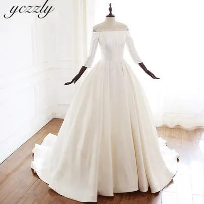

Suknia Slubna 2019 Vintage Royal Satin Boat Neck Ball Gown Muslim Wedding Dresses Off-shoulder Wedding Gown With Sleeves W124