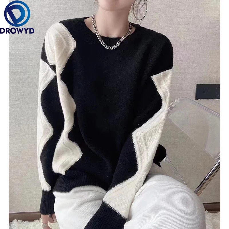 

Женские вязаные свитера с узором ромбиками, осенне-зимние пуловеры 2021, свободные вязаные корейские Топы с длинным рукавом и круглым вырезом...